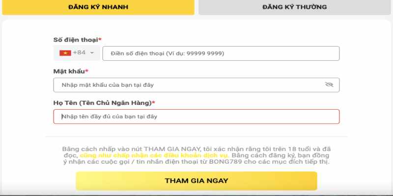 Chi tiết giao diện đăng ký Bong789